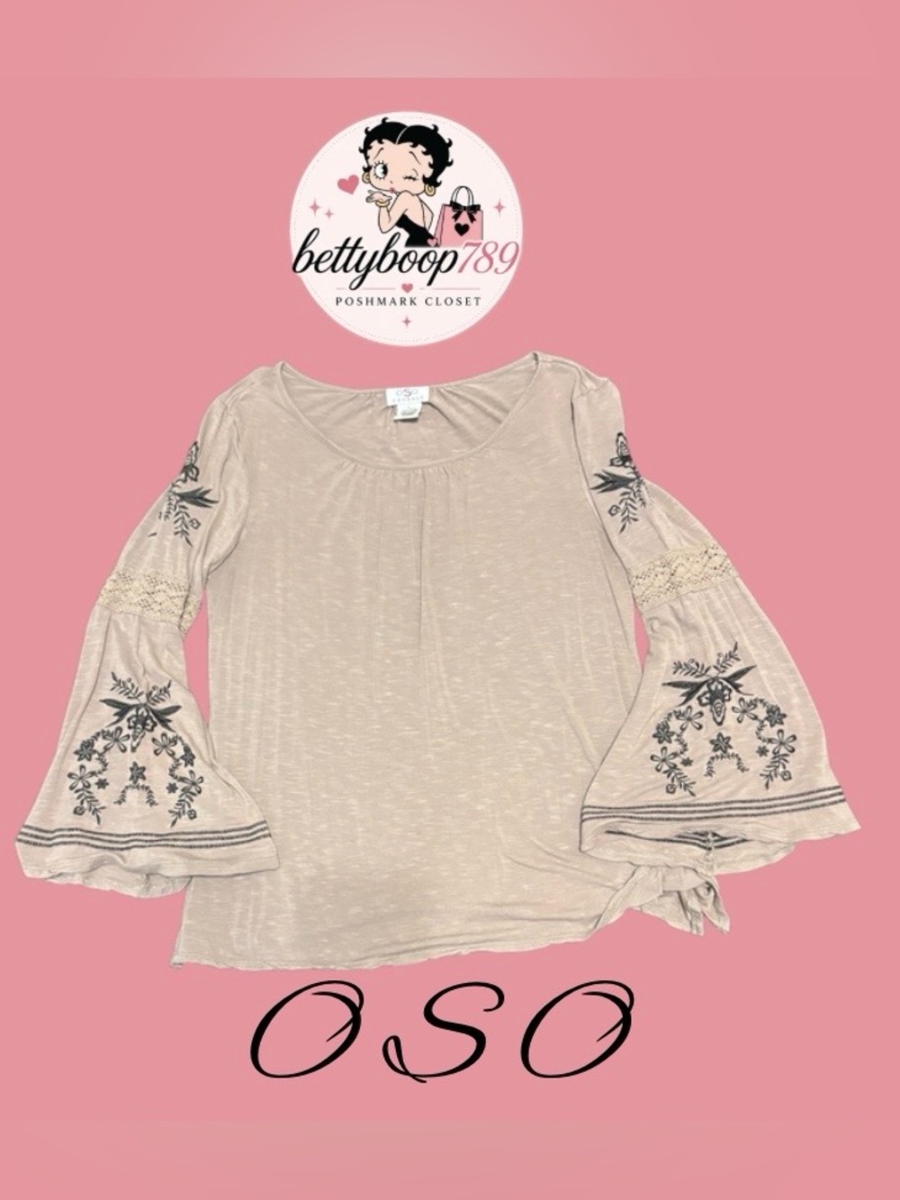 OSO Taupe Bell-Sleeve Embroidered Blouse